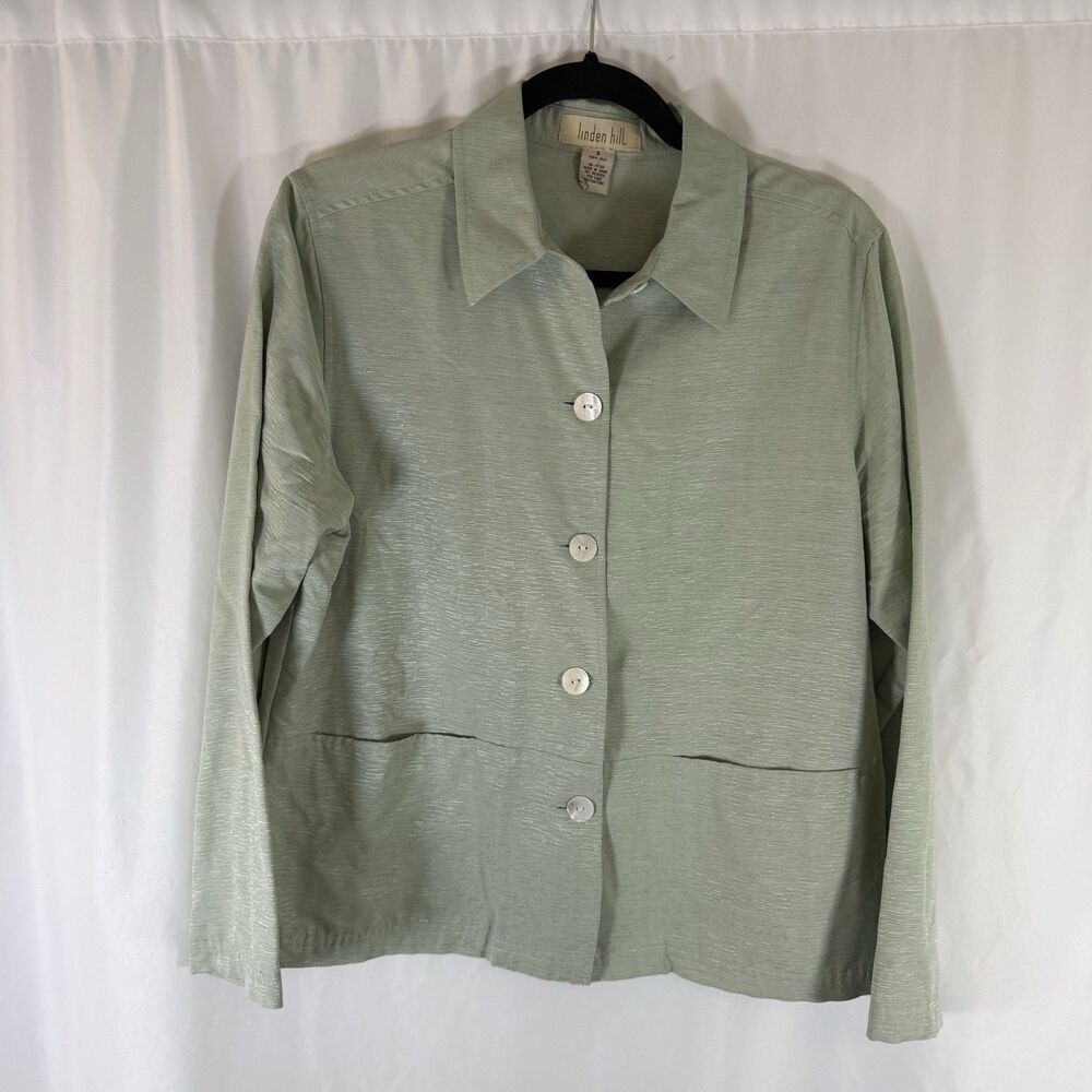 Linden Hill 100% Silk Jacket Women's Small Green Lightweight Collared Button Up